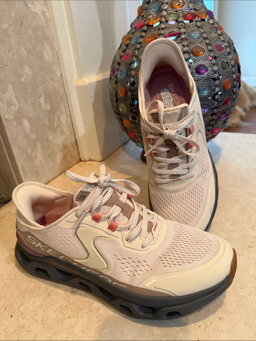Skechers Women's Light Pink and cream Athletic slip in Sneakers